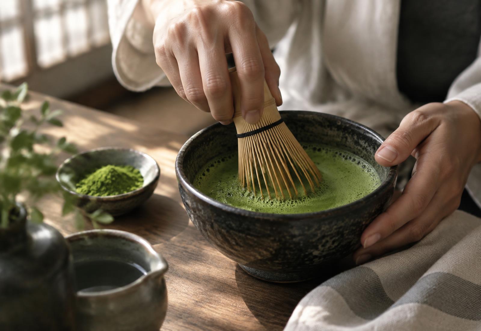 Ceremonial matcha being whisked in a dark ceramic bowl with a bamboo whisk